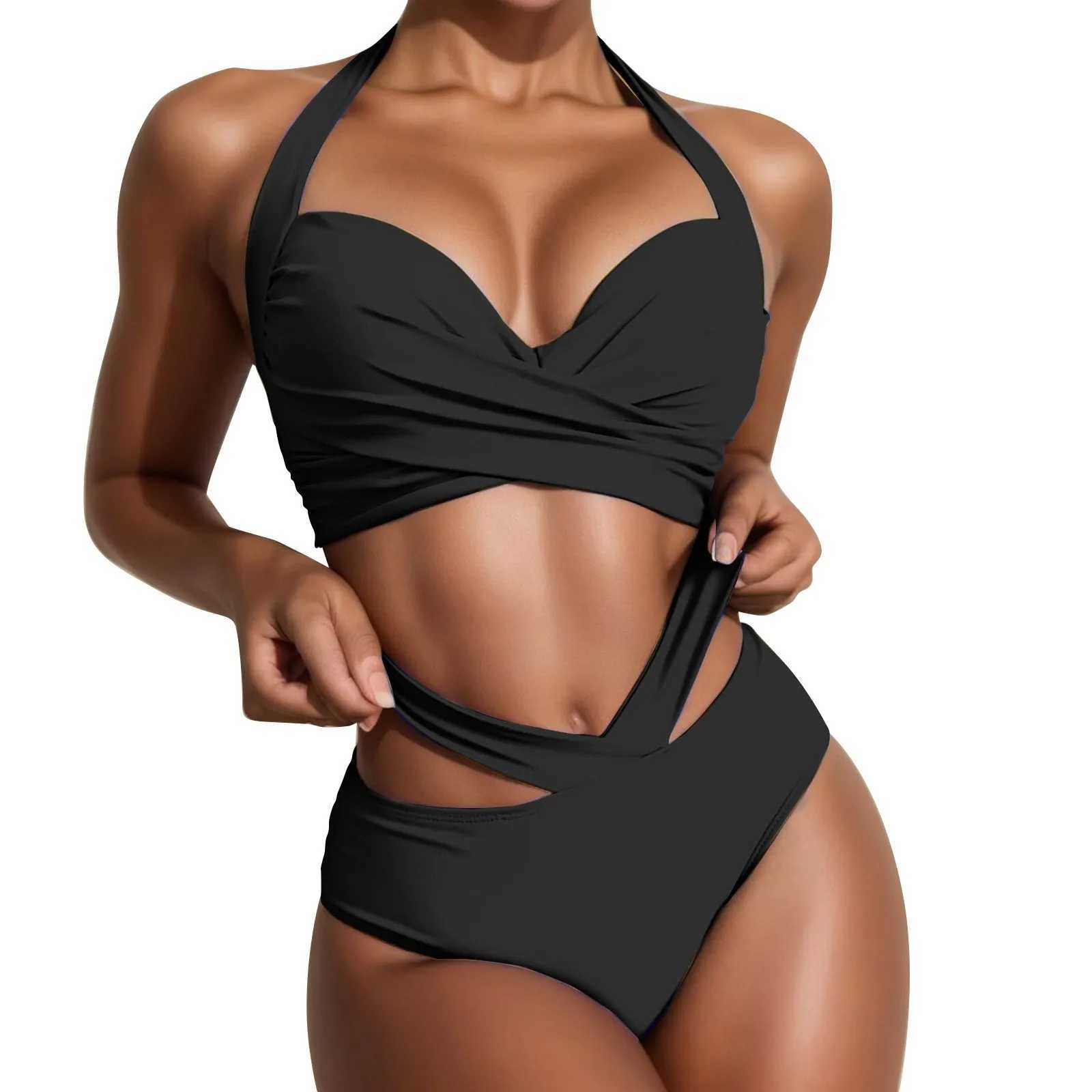 Women Solid Halter Tube Top Swimsuit Cross Ruched Wrap Chest Crop Tops High Waist Hollow Bikini Set Two Pieces Swimsuit SwimwearXJ250218