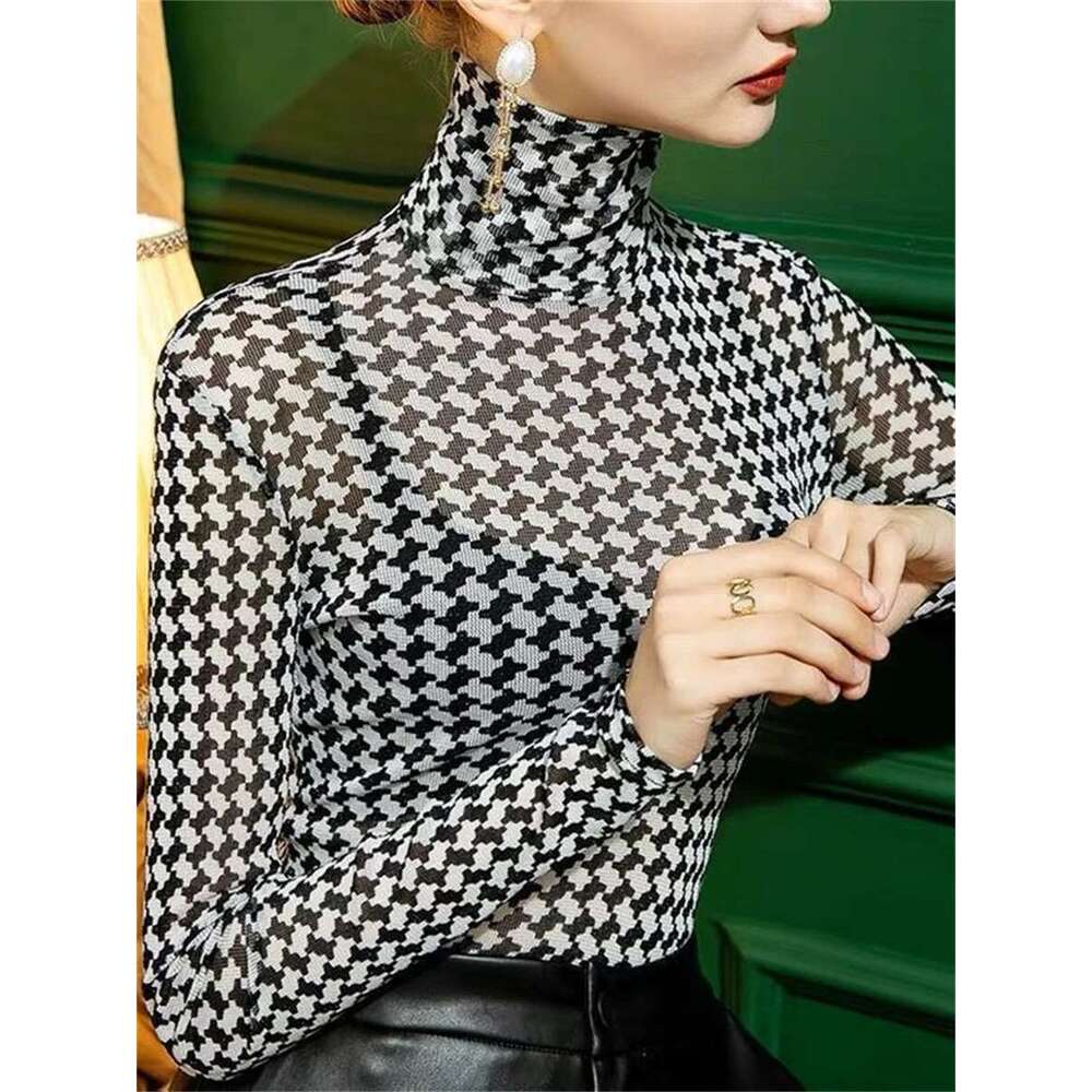 Women Summer Style Blouses Shirts Lady Casual Long Sleeve Turtleneck Polka Plaid Mesh Blusas Tops Dd9304