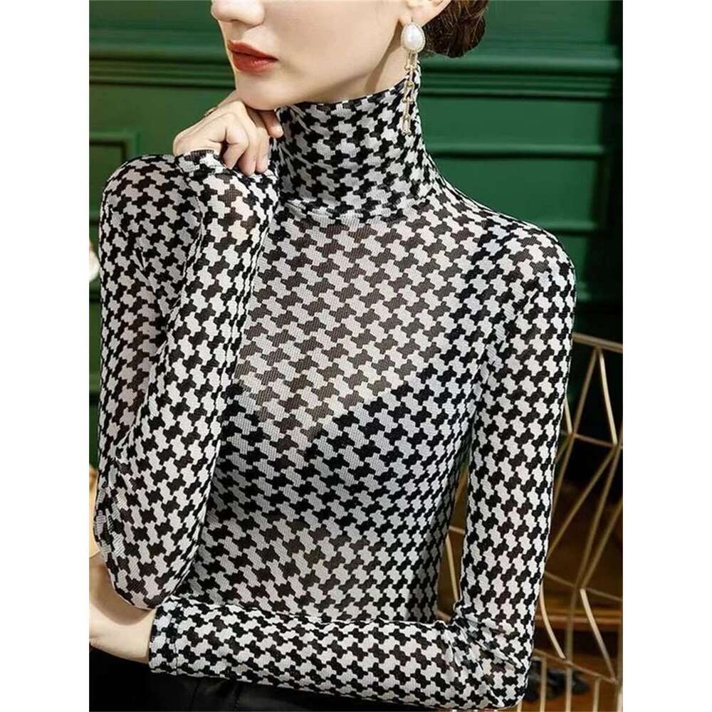 Women Summer Style Blouses Shirts Lady Casual Long Sleeve Turtleneck Polka Plaid Mesh Blusas Tops Dd9304