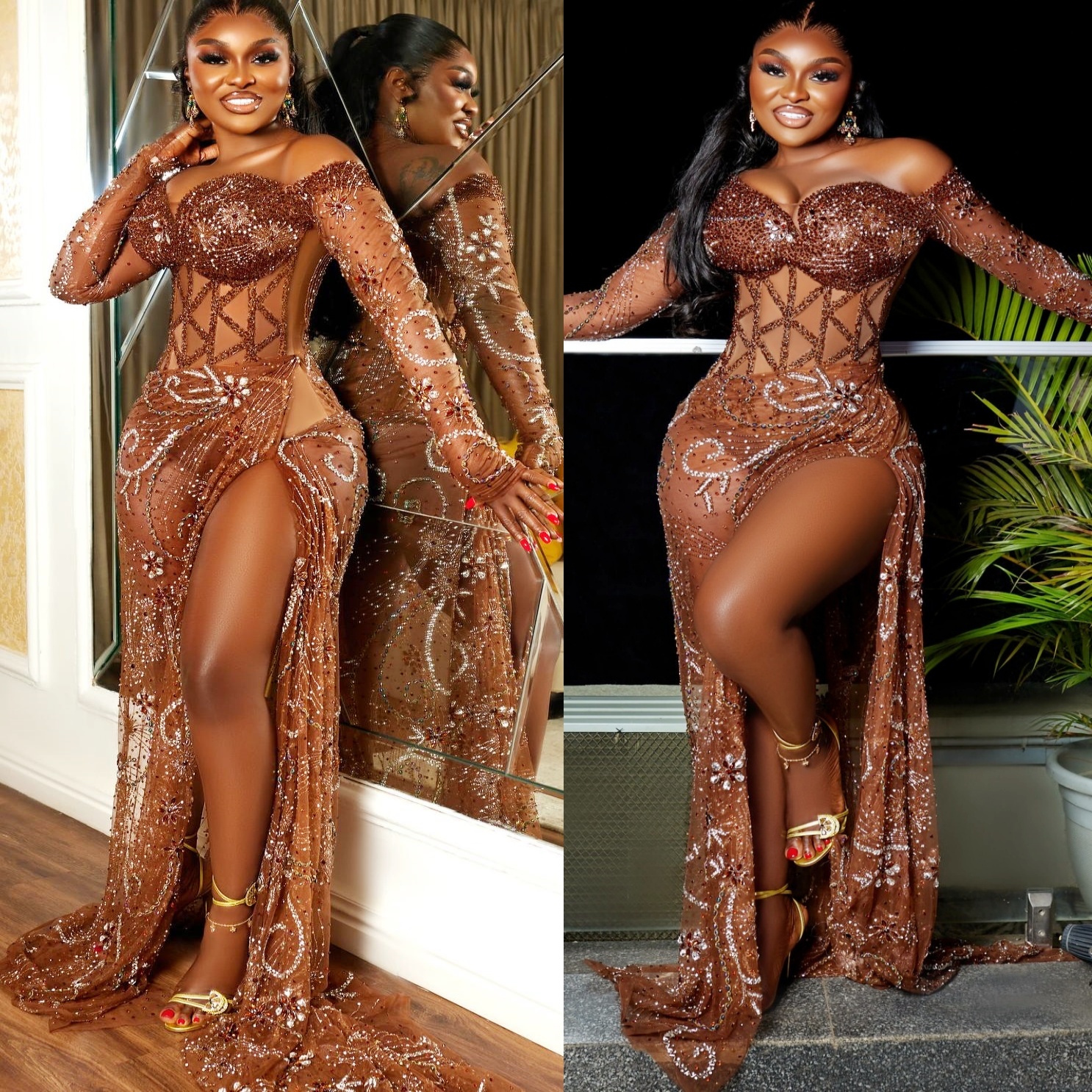 Aso Ebi Brown Mermaid Prom Dresses 2025 Illusion Crystals Lace Evening Formal Party Second Birthday Engagement Gowns Plus Size Dress For Special Occas
