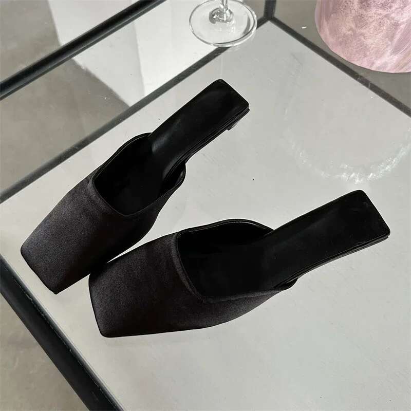 Spring Satin Women Slippers Fashion Square Toe Low Heels Sgback Casual Party Shallow Mules Ladies Slides Shoes