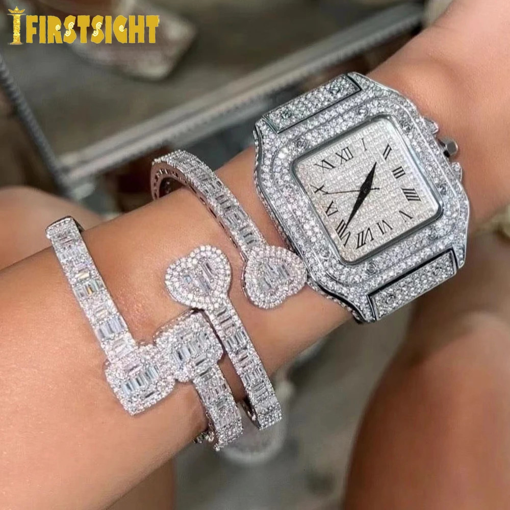 Iced Out Bling Rectangle CZ Opened Heart Bracelet Silver Color Square Zircon Charm Bangle For Women Hiphop Jewelry 250213