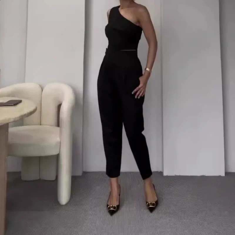 Two Piece Sets Women Pants Set Off Shoulder Sleeveless Short Tops High Waist Party Elegant Work Y2k Straight Long Pants Summer 250218