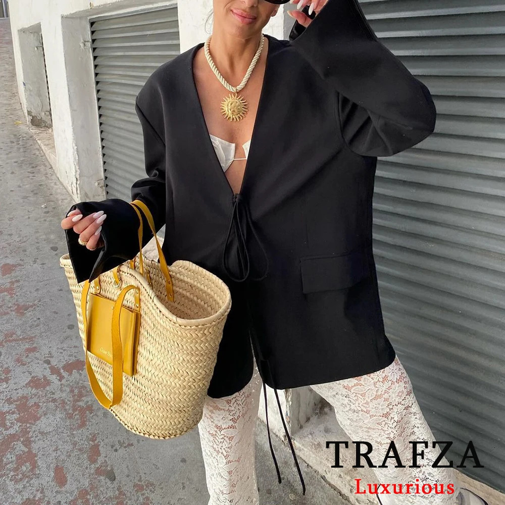 TRAFZA Casual Oversized Black Blazer Women V Neck Bow Tie Pockets Loose Jackets Fashion Streetwear Outwears 250213