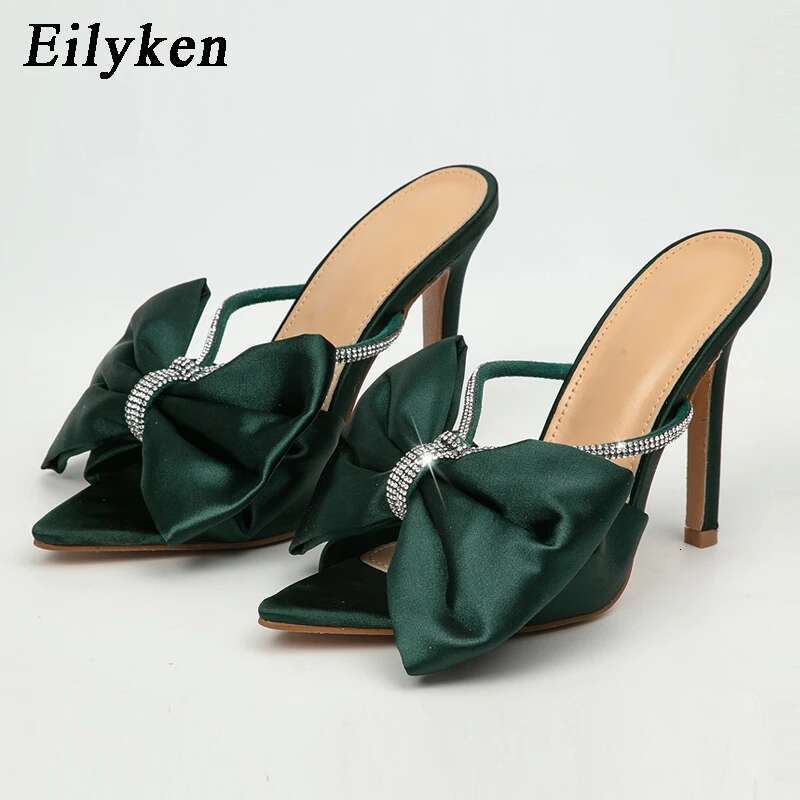 Eilyken Silk CRYSTAL Butterfly-Knot Mule High Heels Slippers Sandals Pointed Toe Strappy Slides Party Women Shoes