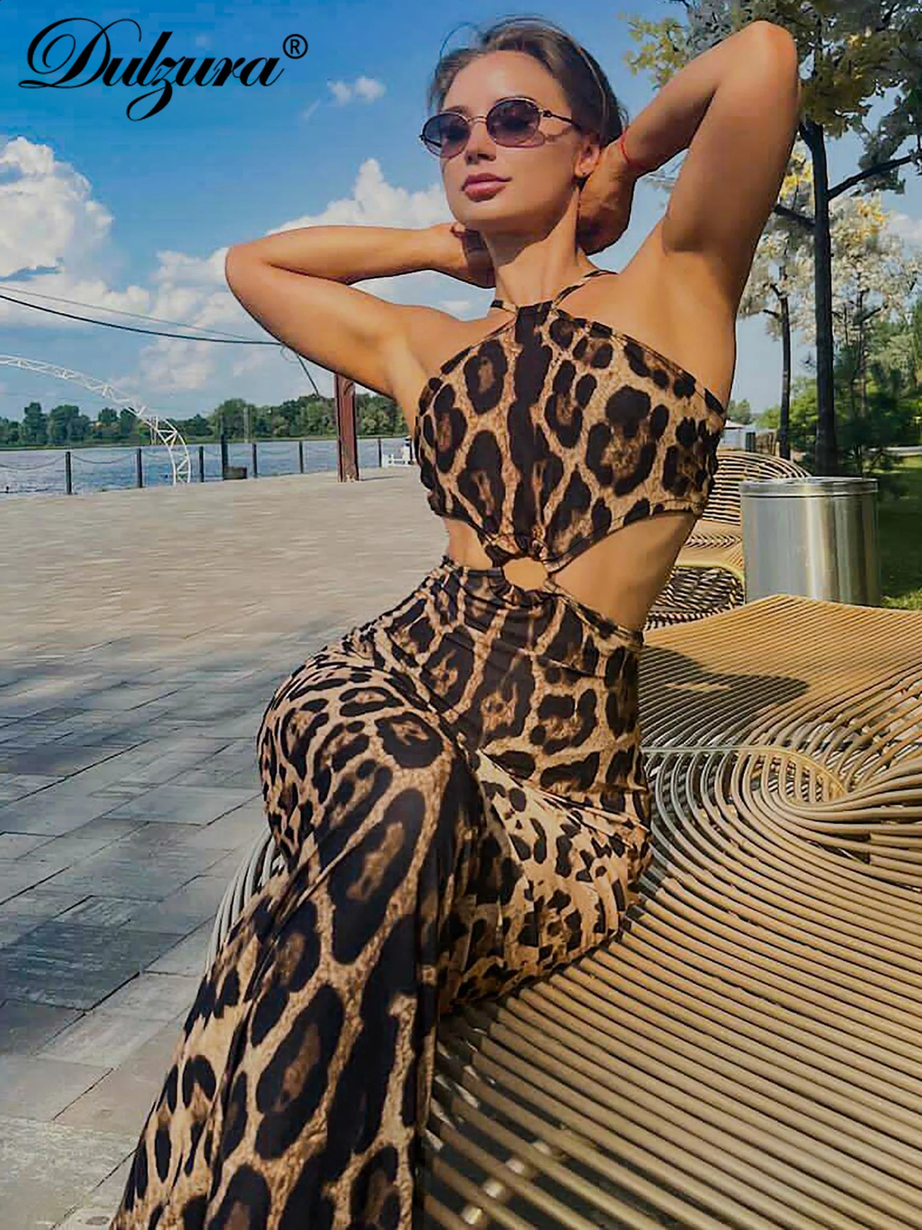 Dulzura Leopard Sleeveless Halter Hollow Out Backless Midi Dress With Button WomenS Sexy Outfit Party Clubwear Autumn Winter 250218