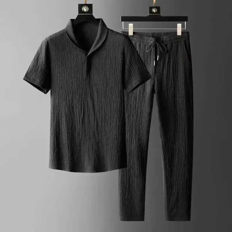 Summer Ultra-thin Five-piece Ice Silk Linen Suit Mens Cotton Linen 2-piece Set Loose-fit Mid-sleeve T-shirt Sports WearXJ250218