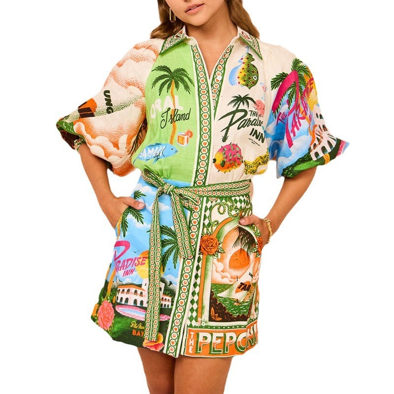 2025 european and american women's clothing independent site casual fashion printed shirt cardigan short european and american dress women