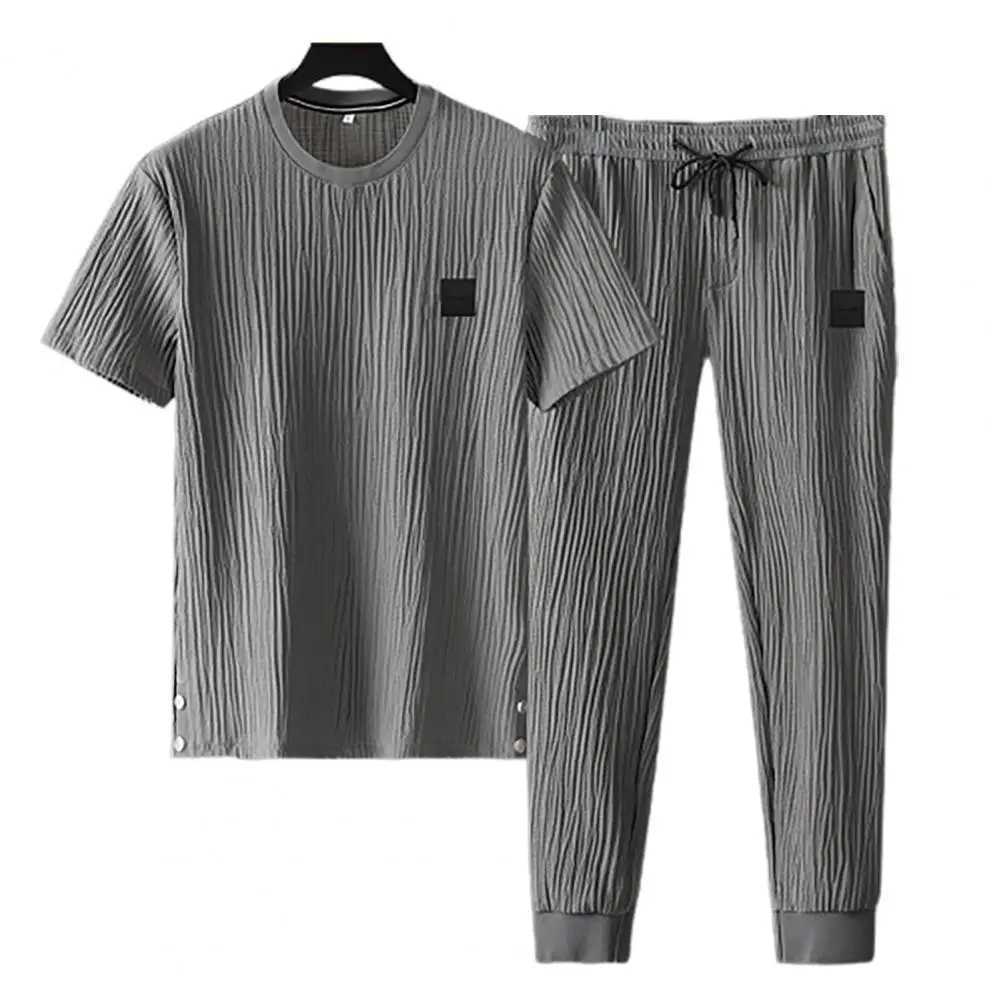 Men Outfit Mens Summer Pleated Tracksuit Set Soft Breathable Shirt Pants Two-piece Casual Sports Suit for Daily Wear High IceXJ250218
