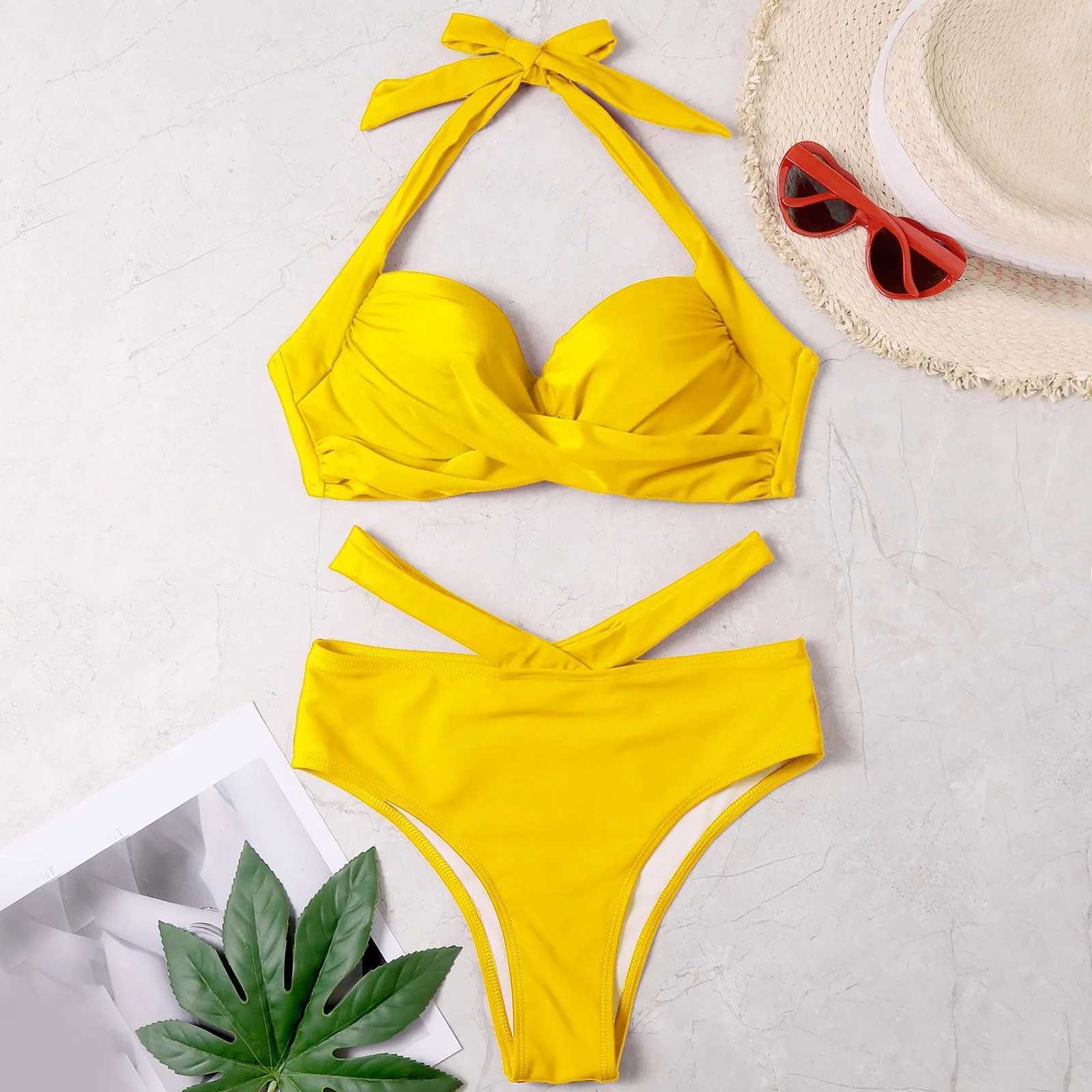 Women Solid Halter Tube Top Swimsuit Cross Ruched Wrap Chest Crop Tops High Waist Hollow Bikini Set Two Pieces Swimsuit SwimwearXJ250218