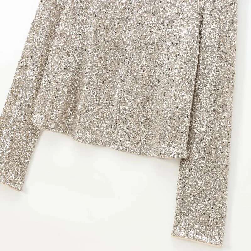 Autumn Sequined Long Sleeve Top Shirts & Blouses O-Neck Glitter Shirt Pretty And Elegant Women's Blouse