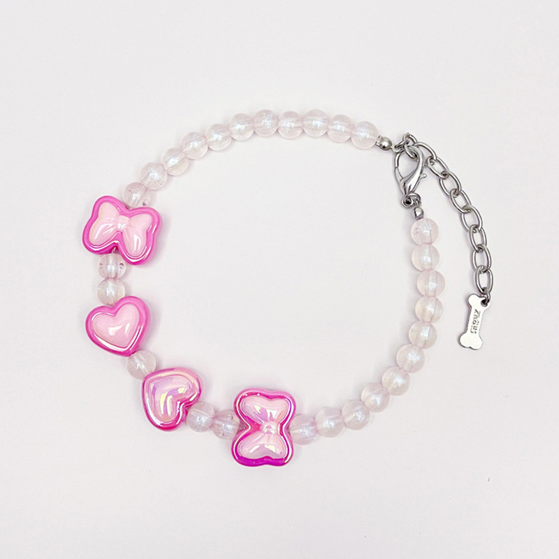 Fashion Bead Dog Necklace with Sparkling Bow Heart-shaped Decoration, Exquisite Cat Dog Neck Decoration Necklace for Small Medium Dogs, Adjustable Pet