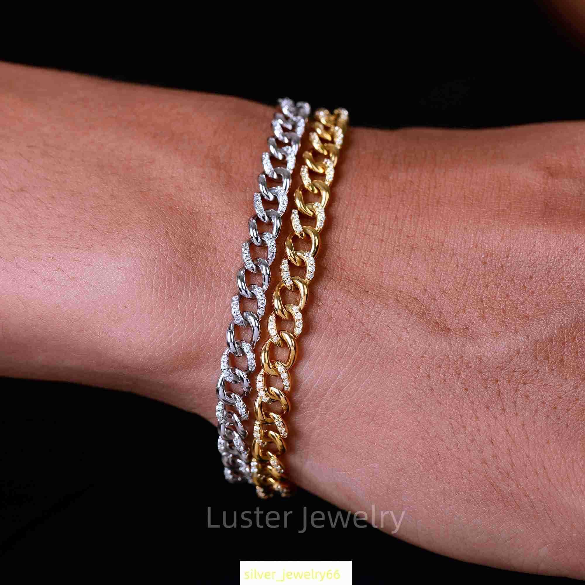 Luster 925 Silver 18k Gold Plated Moissanite Cuban Link Chain 5mm Round Cut Moissanite Silver 925 Cuban Bracelet