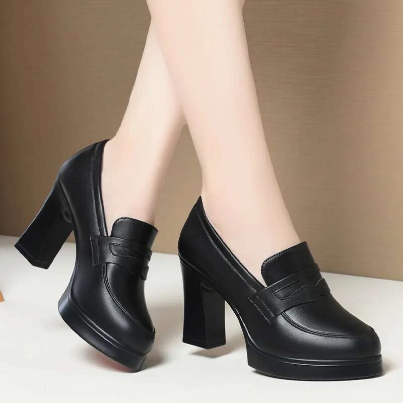 Fashion Comfortable Black Soft Leather Deep Mouth Spring 2024 Block Heels Shoes Women for Office Mom Model Versatile #ddmykukumalu