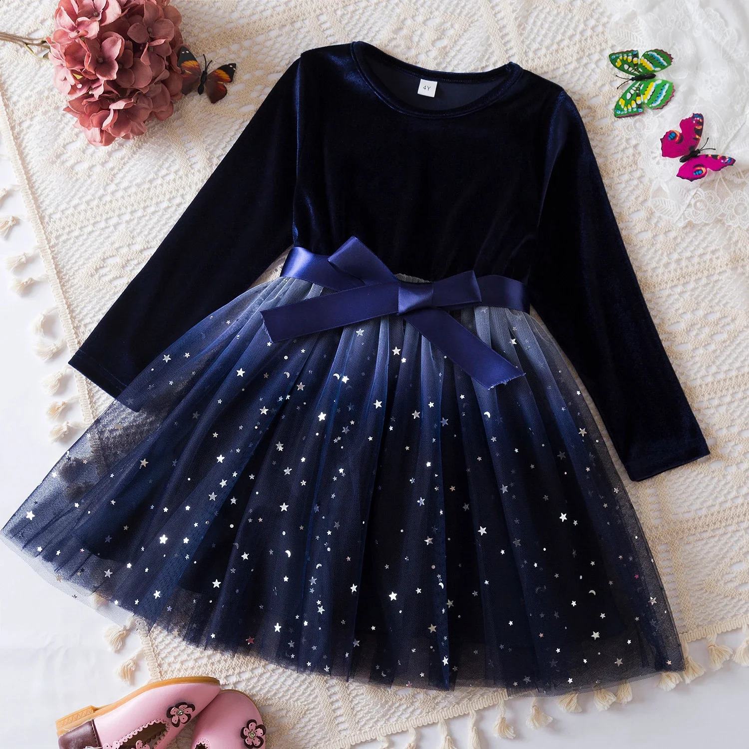 Girls Dress Autumn Winter Long Sleeve Bow Sequin Princess Dress 3-8 Yrs Kids Christmas Birthday Party Year Costume 250219