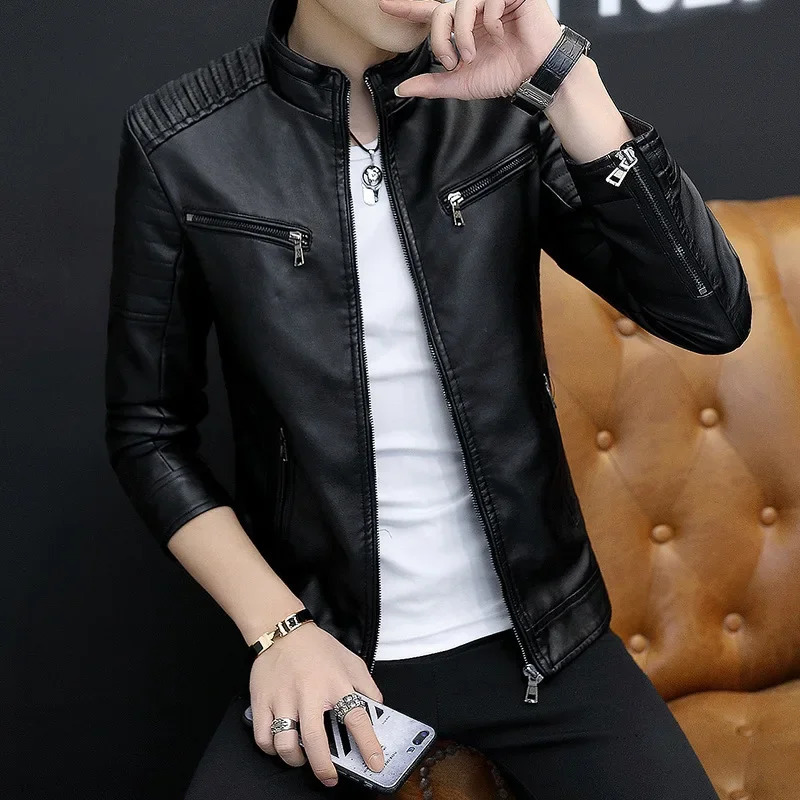 Solid Color Crossborder Leather Jacket For Men Trendy Motorcycle Vest Windproof Slimming Smooths Your Silhouette 250210