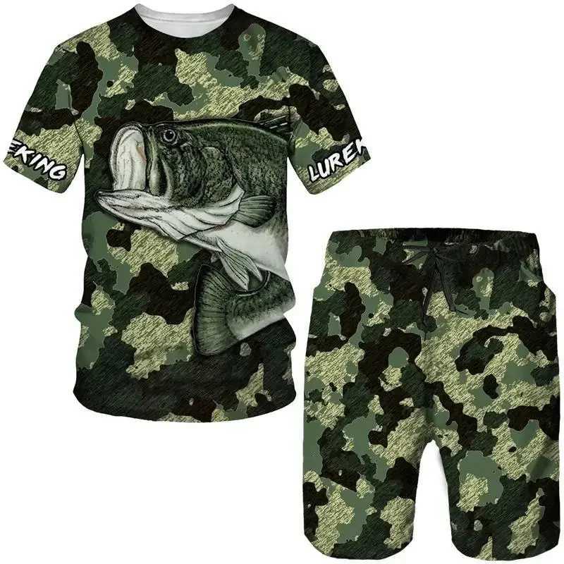 Mens Outdoor Fishing Hunting 3D Print T-shirt Shorts 2-piece Set O-neck Retro Fashion Sports Short Sleeve Pullover High-qualityXJ250218