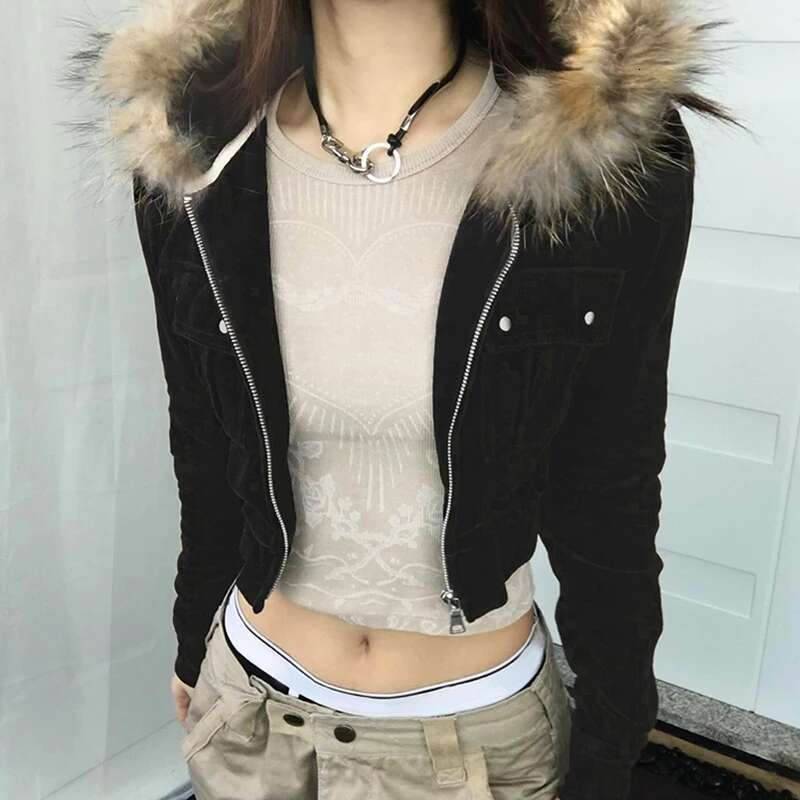 CIBBAR y2k Furry ing Hooded Hoodies Vintage 2000s Zip-up Cropped Jackets Women Casual Autumn Outwears Korean Fashion Coats