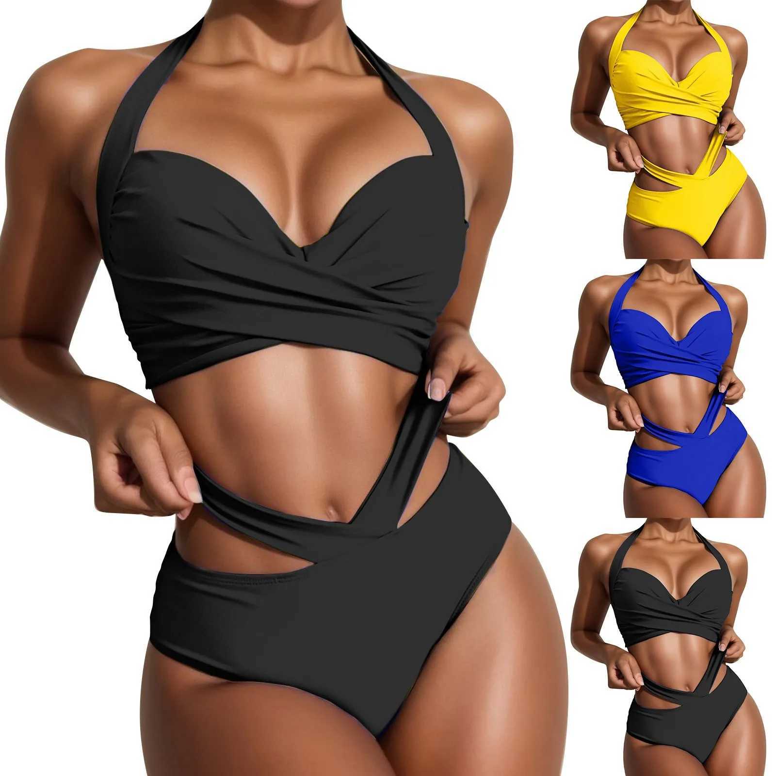 Women Solid Halter Tube Top Swimsuit Cross Ruched Wrap Chest Crop Tops High Waist Hollow Bikini Set Two Pieces Swimsuit SwimwearXJ250218