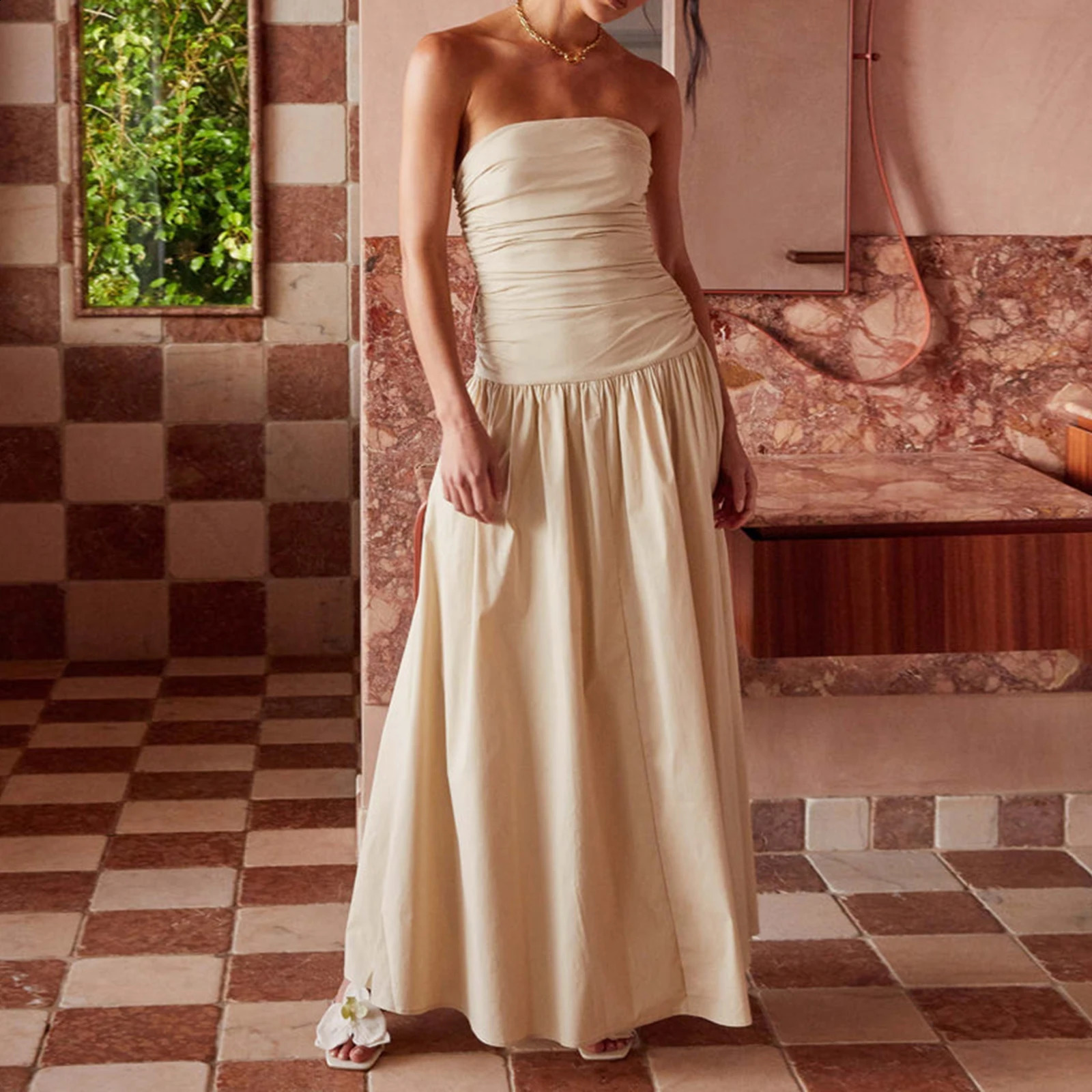 Elegant Strapless Maxi Tube Dress Women Ruched Long Sundress Boat Neck Sleeveless Strapless Flowy Dresses Party Clubwear 250218