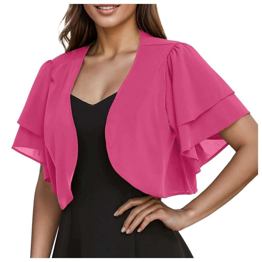 Europe The United States Spring And Summer New Women's Blouse Solid Color Short Sleeve Cardigan Thin Chiffon Shawl W