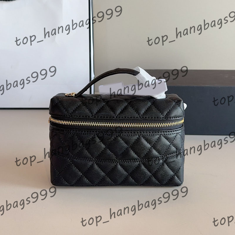 Vintage Caviar Cowhide Black Totes Box Makeup Vanity Bags Handle Fanny Crossbody Gold Chain Shoulder Bag Cosmetic Case Lipstick Key Pocket Card Holder 20x19cm