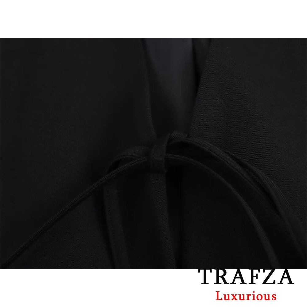 TRAFZA Casual Oversized Black Blazer Women V Neck Bow Tie Pockets Loose Jackets Fashion Streetwear Outwears 250213