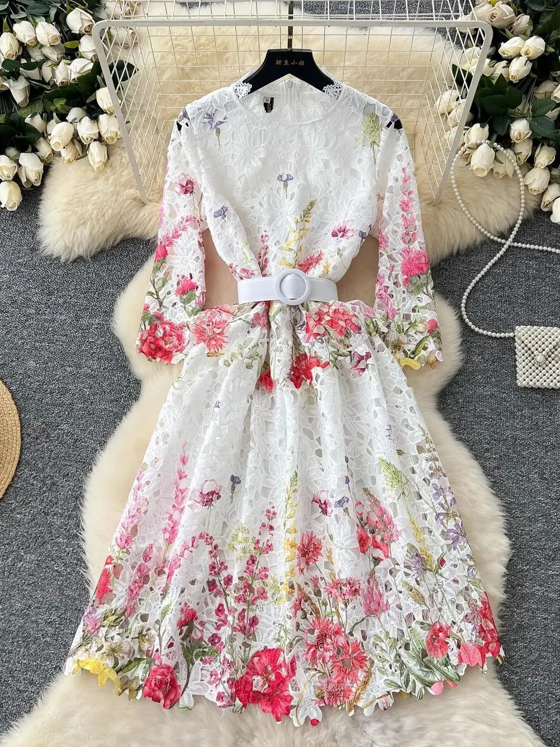 Autumn Elegant Flower Embroidery Lace Midi Dresses For Womens Summer Prom Dresses Evening Robe Party Vestidos Belt Fancy 250218