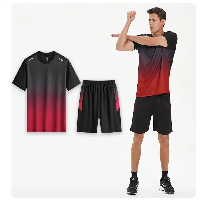 Summer Fitness Clothing Ice Silk Speed Drying T-shirt Set Mens Short sleeved Running Sports Clothing Gym Training Set 250218