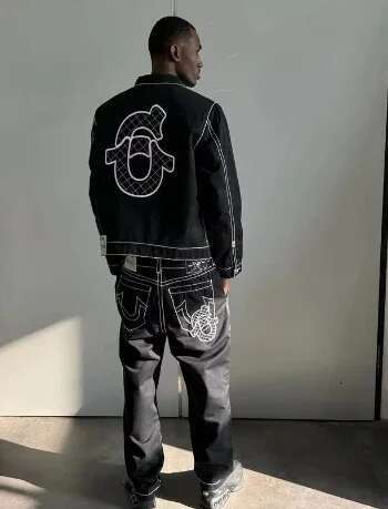 Hip hop letter embroidered jacket jeans two-piece set Y2K streetwear men's and women's sportswear retro loose leather bicycle punk jacket se