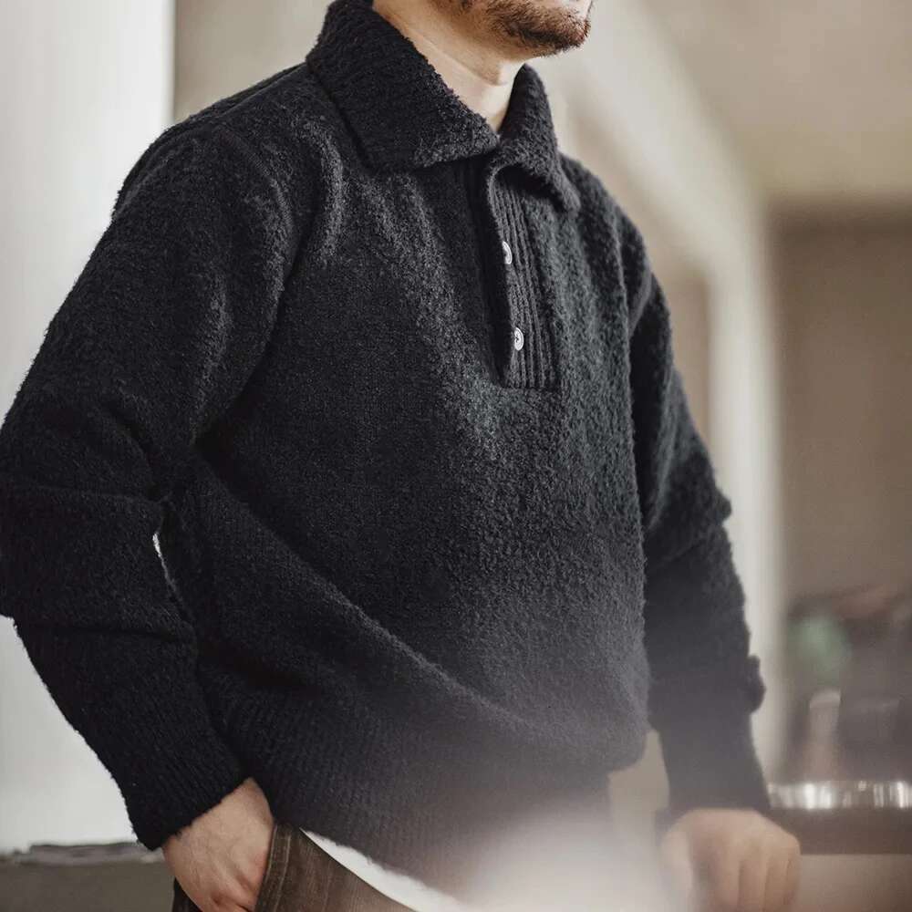 Men Heavyweight Knit Sweater 2024 Autumn Winter Long Sleeve Turn-Down Collar Loop Yarn Polo Shirt Warm Pullover Knitwear
