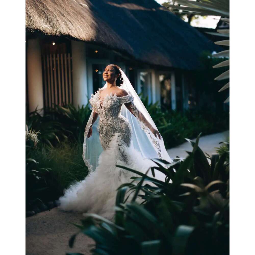 ful Off the Shoulder Appliques Crystals Pearls Mermaid Wedding Dress Plus Size Multi-Layered Robe De Mariage Bridal Gown