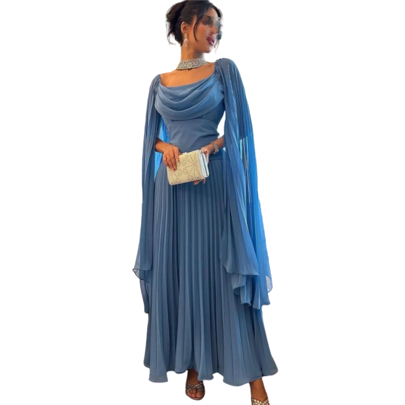 Pleats Chiffon A-Line Long Mother Of The Bride Dresses Cape Long Sleeves Simple Elegant Wedding Party Gowns For Women 2025 Elegant Wedding Guest Forma