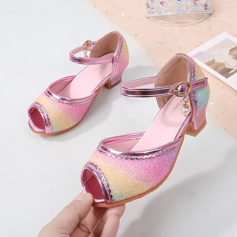 Sweet Girl Princess Dress Sandals Rainbow Sequins Children High Heels Glitter Spring Summer Kids Casual Shoes for Wedding Party 250218
