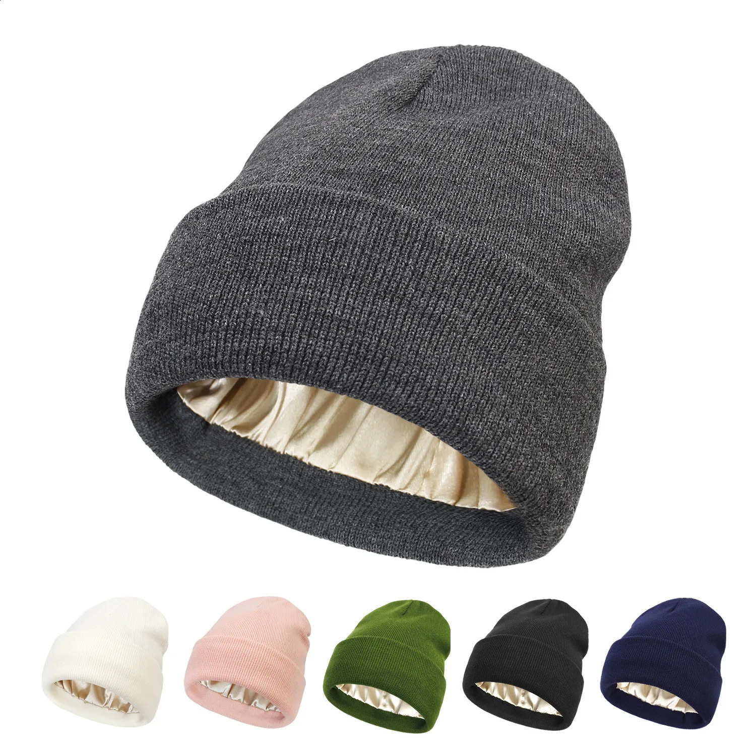 Winter Silk Satin Lined Knit Beanie Hats for Women Chunky Cap Warm Beanie Hat250214