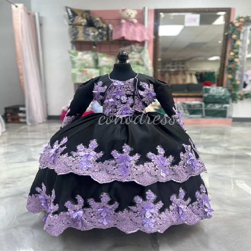 Folklorico Mexican Flower Girls Dress With Jacket 2025 Vestido Mini Quinceanera Dress Black And Lilac Mariachi Pageant Customized Personalize Birthday
