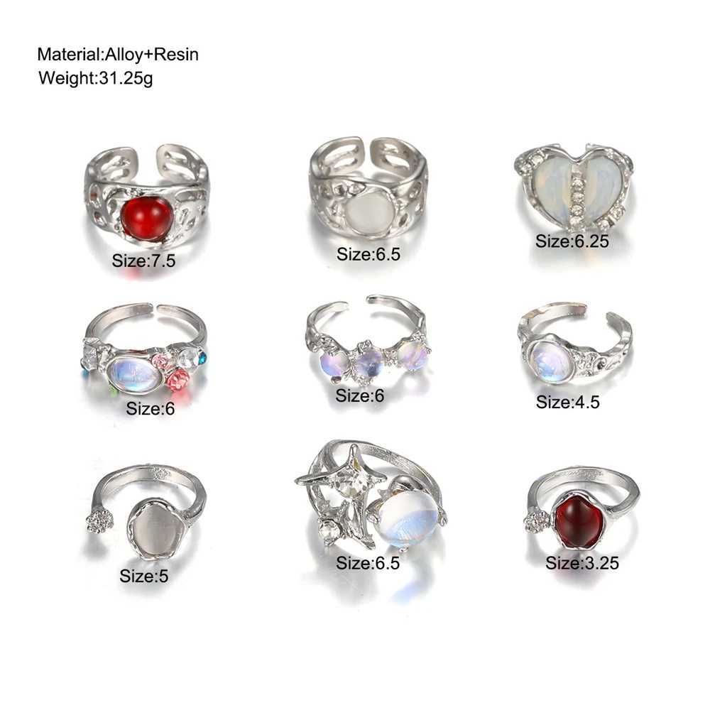 9PCS Set Aesthetic Silver Plated Y2K Irregular Moonstone Gemstone Rings for Women Teens Kpop Dainty Heart Open Ring Gift JewelryXJ250219