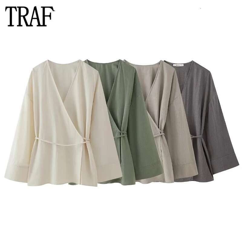 Oversized Kimono Pleated Wrap Blouse Female Long Sleeve Shirts And Blouses For Women Pyjama Women's Shirt