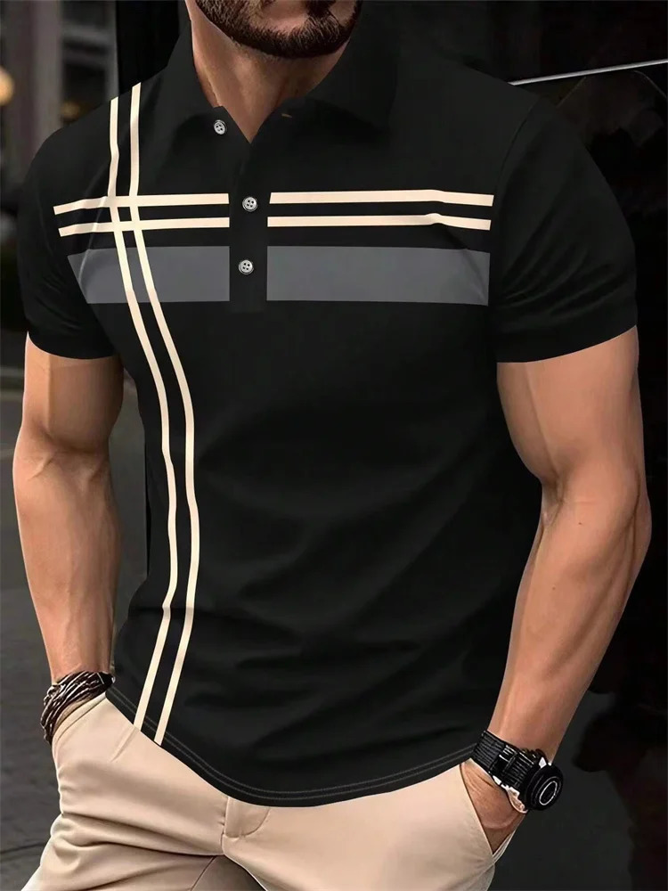 Fashion Stripe Print Polo T Shirt For Men Casual Lapel Loose Short Sleeve Tops Business Golf Clothing Comfortable Trend Tshirt 250219