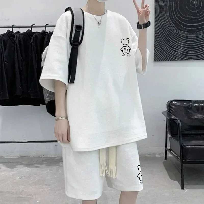 New summer waffle mens clothing Korean fashion short sleeved top 2-piece set sportswear trendy sportswear jogging setXJ250326