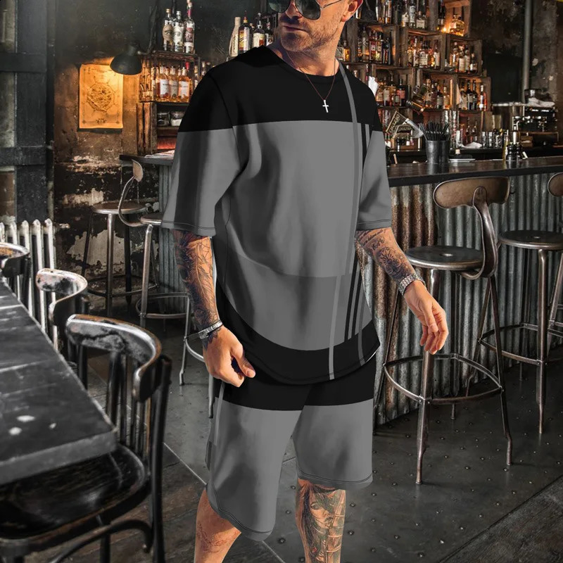 Summer Mens Sportswear Stripe Sets Short-sleeved T-shirt Suit Oversized Shorts Sports Two-piece Outfit Male Clothes 250218