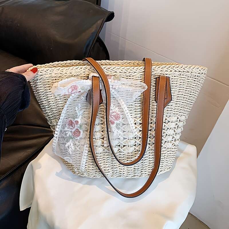 1pc Bohemian Style Handmade Straw Tote Bag for Women, Large Capacity Rattan Weave Basket with Zipper Closure, Beige and Khaki