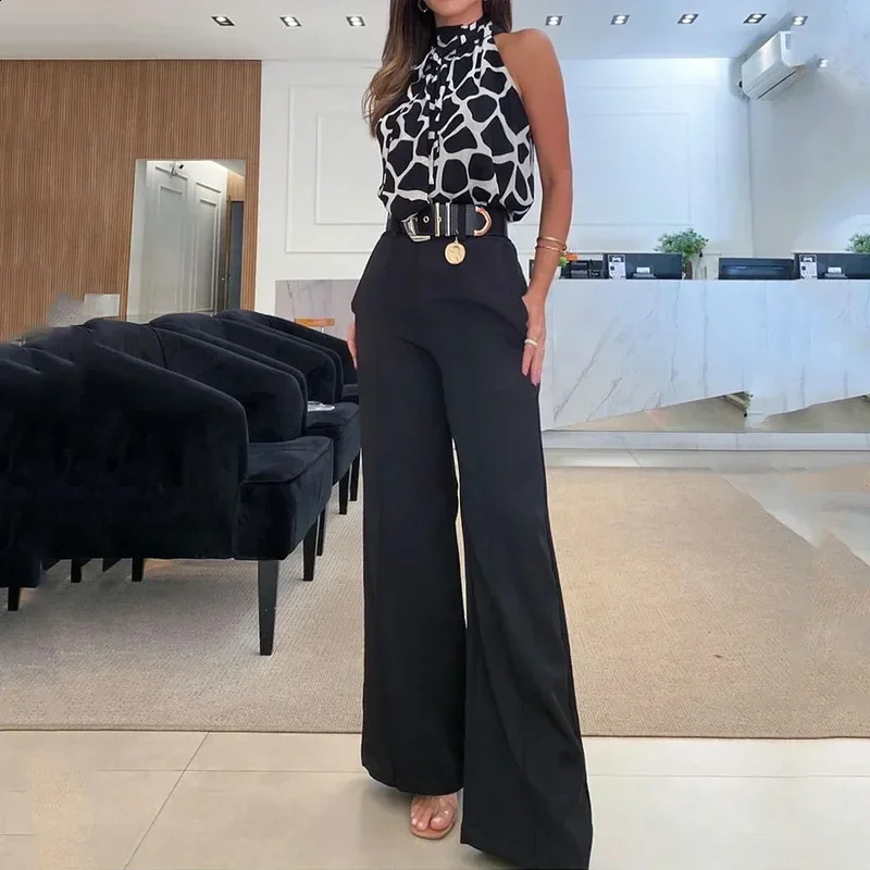 Halter Vest Top Cuffed Pants Set Women Elegant Pant Sets Two Piece Suit Single Breasted High Waist Trousers Suits Pockets 250218