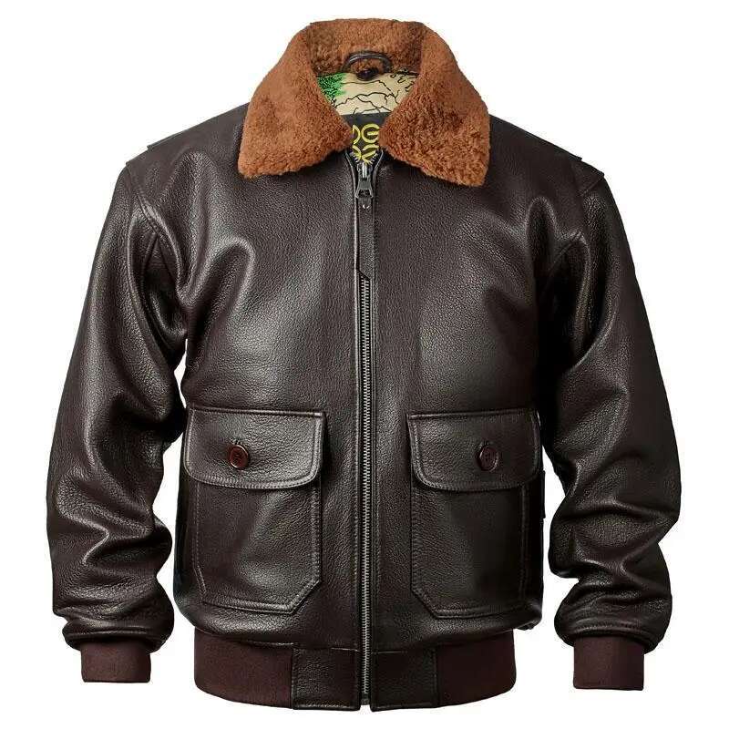 Dark Brown Winter Pilot Jacket Men Military Style Europe Size Genuine Natural Thick Cowhide G1 Flight Leather Coat