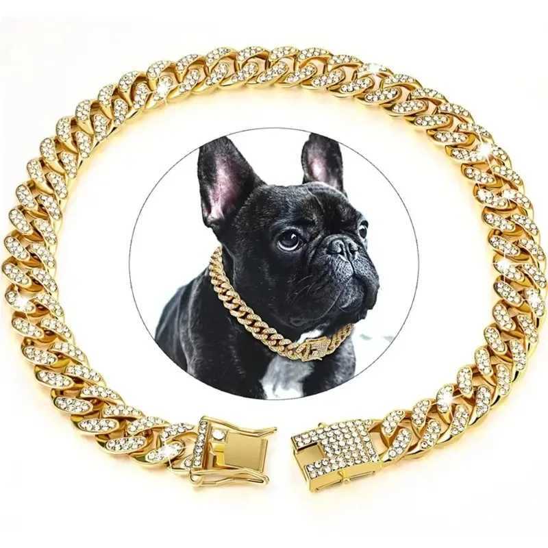 Dog Chain Diamond Cuban Collar Walking Metal Chain Collar with Design Secure Buckle Pet Cat Cuban Collar Jewelry Accessories W250219
