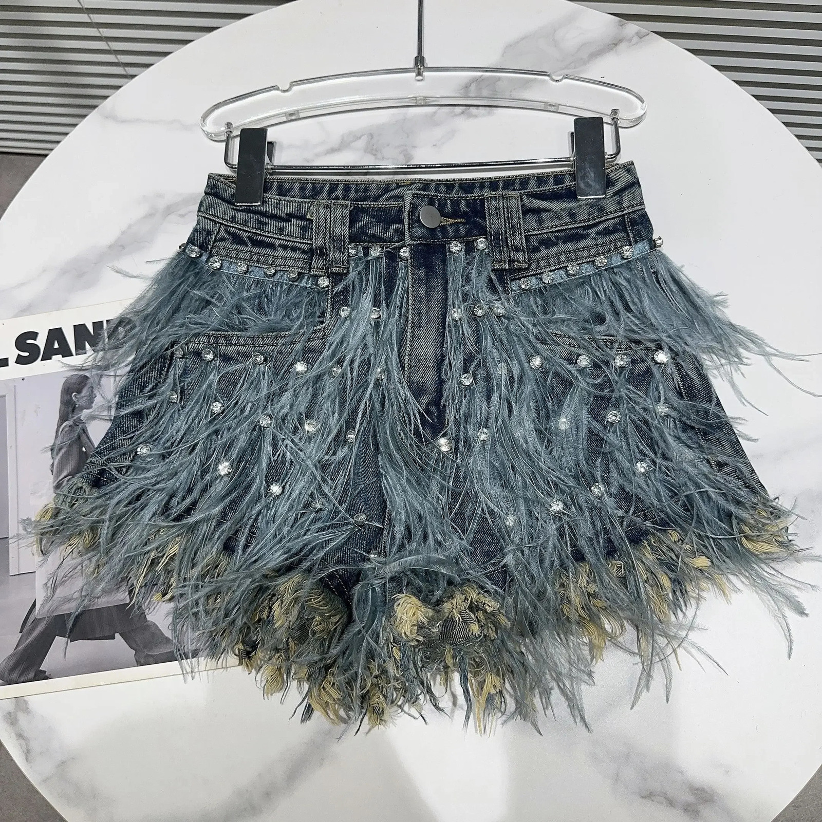 Autumn Collection Rhinestone Embroidered Beadings Feathers Tassel Vintage Blue Denim Shorts Women Short Jeans 250217