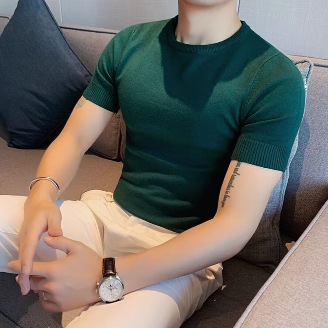 2025 New Solid Color Short Sleeved Casual Semi High Neck Designer T-shirt For Men's Spring Light Luxury Slim Fit Fashionable Short Sleeved T-shir