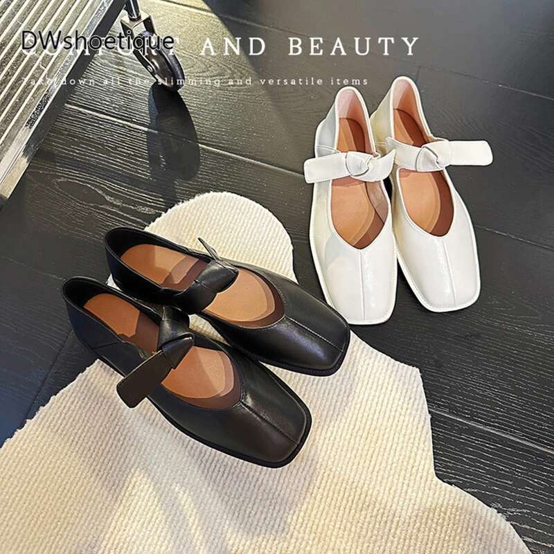 Genuine leather square toe women mary janes bowknot flats