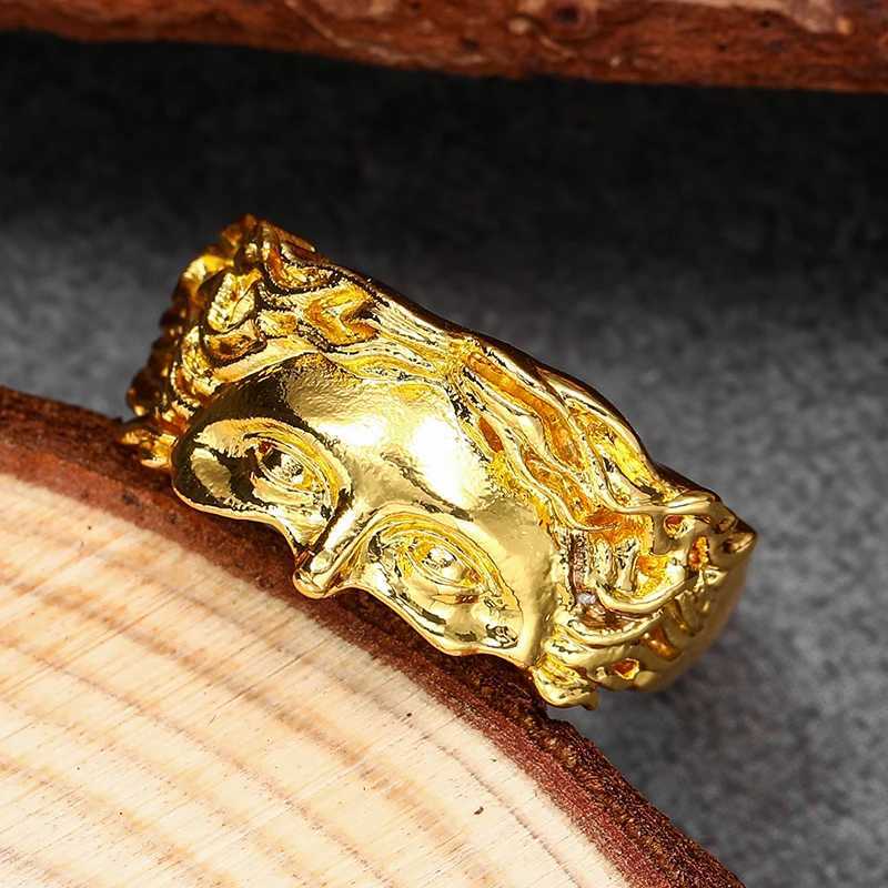 Vintage Gold Color Jesus Half Face Open Ring for Men Women Retro Religious Belief Jewelry Pure Copper Finger Rings Bands GiftsXJ250219