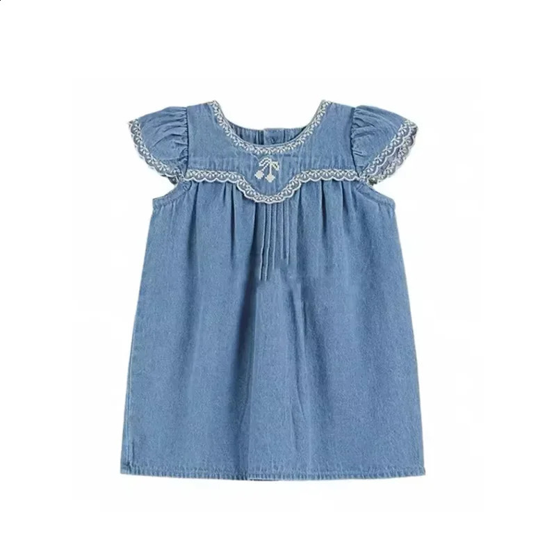 2025 Summer EM Fashion Girl Denim Dress Cute Embroidered Printed Jean Top and Shorts Pant Set Clothes Kids Princess Dresses 250218